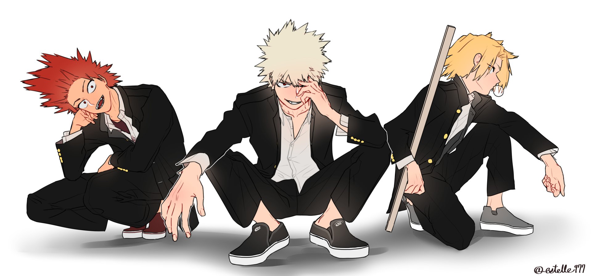 HD PC desktop wallpaper featuring Denki Kaminari, Katsuki Bakugou, and Eijiro Kirishima from the anime My Hero Academia in dynamic poses.