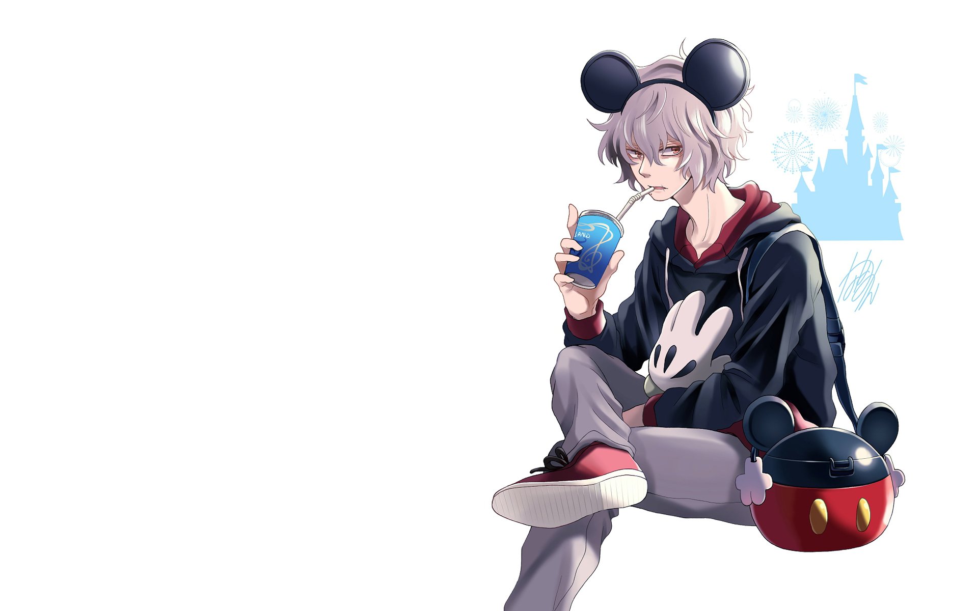 HD PC desktop wallpaper featuring Tomura Shigaraki from My Hero Academia, dressed in a Mickey Mouse hoodie, casually sipping a drink with a themed bag beside him.