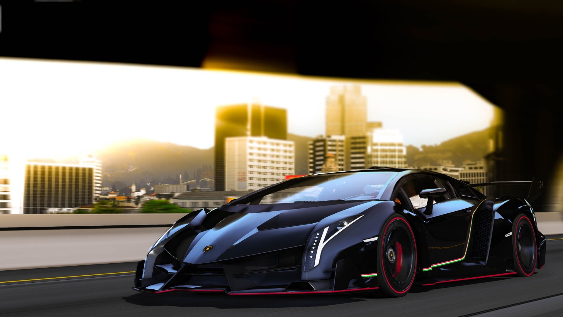 HD PC desktop wallpaper featuring a sleek Lamborghini Veneno in the video game Grand Theft Auto V set against a cityscape background.