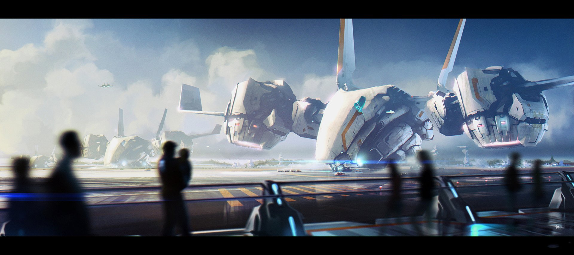 HD sci-fi desktop wallpaper depicting a futuristic airport with people observing a large spaceship on the tarmac.