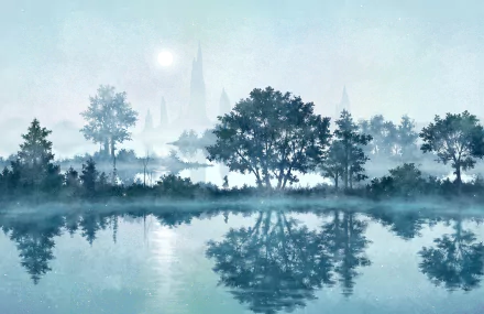 Anime-style HD desktop wallpaper depicting a serene lake scene with fog, trees, a soft sun, and a misty sky, blending original anime art and natural scenery.