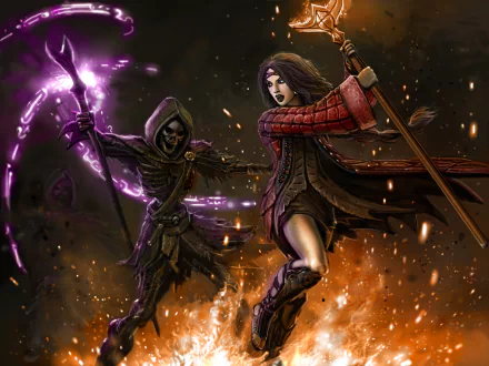 A dark fantasy HD wallpaper showing a fierce battle between a long-haired witch wielding a staff and a hooded skeleton casting purple flames.