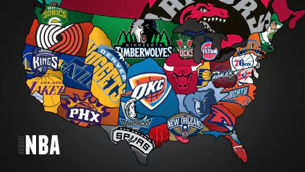 HD desktop wallpaper featuring a stylized USA map with NBA team logos overlaying their respective locations, tagged with NBA.