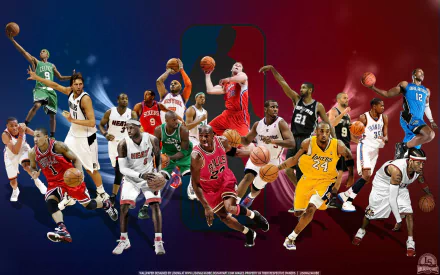 HD desktop wallpaper featuring a collage of NBA players in various action poses with a vibrant multi-colored background.