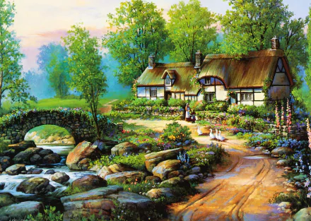 HD desktop wallpaper of an artistic, vintage painting featuring a spring landscape with a cottage, a stone bridge over a river, flowers, and geese walking along a dirt path.