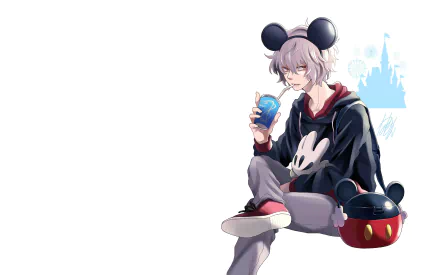 HD PC desktop wallpaper featuring Tomura Shigaraki from My Hero Academia, dressed in a Mickey Mouse hoodie, casually sipping a drink with a themed bag beside him.