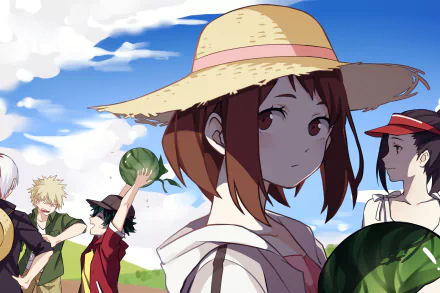 HD desktop wallpaper featuring Shoto Todoroki, Katsuki Bakugou, Izuku Midoriya, Momo Yaoyorozu, and Ochaco Uraraka from My Hero Academia, enjoying a sunny day outdoors with watermelons.