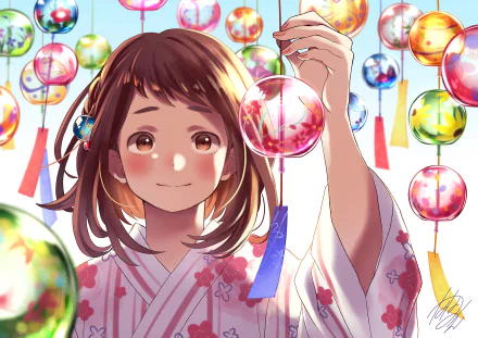 HD desktop wallpaper featuring Ochaco Uraraka from My Hero Academia in an anime-style illustration, wearing a floral kimono surrounded by colorful wind chimes.