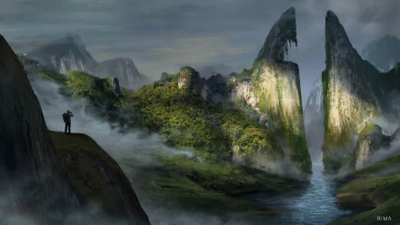 HD desktop wallpaper of a fantasy landscape featuring majestic mountains and a river, under a dramatic sky. An adventurer stands on a cliff, embracing the breathtaking scenery.
