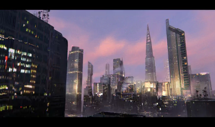 HD PC desktop wallpaper and background — evening sci‑fi city skyline with glowing lights, towering glass skyscrapers and a purple-pink sky.