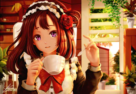 bow (Clothing) flower spoon cup brown hair purple eyes maid Anime Original HD Desktop Wallpaper | Background Image