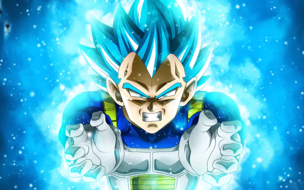 HD desktop wallpaper featuring Vegeta from Dragon Ball Super, showcasing his intense power and energy aura in a dynamic blue background.
