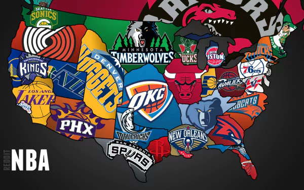 HD desktop wallpaper featuring a stylized USA map with NBA team logos overlaying their respective locations, tagged with NBA.