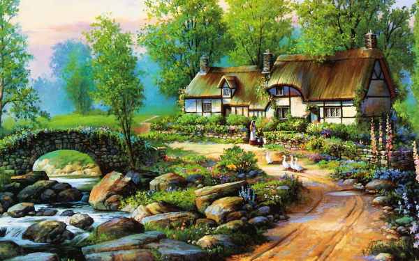 Artistic Painting Cottage Landscape Vintage Spring Bridge River Flower Goose HD Wallpaper | Background Image