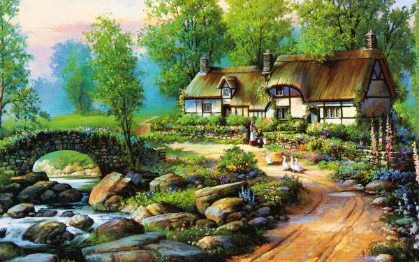HD desktop wallpaper of an artistic, vintage painting featuring a spring landscape with a cottage, a stone bridge over a river, flowers, and geese walking along a dirt path.