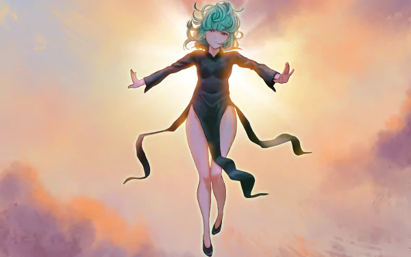 HD PC desktop wallpaper featuring Tatsumaki from the anime One-Punch Man, depicted floating with glowing eyes against a colorful sky background.