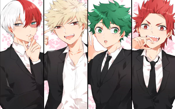 4K Ultra HD My Hero Academia wallpaper featuring Eijiro Kirishima, Izuku Midoriya, Katsuki Bakugou, and Shoto Todoroki dressed in black suits against a floral background.