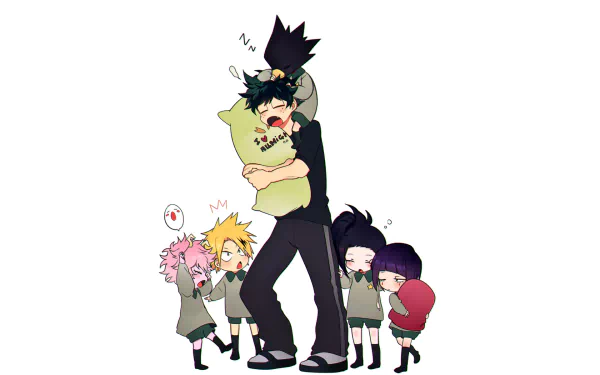 HD anime desktop wallpaper featuring My Hero Academia characters Momo Yaoyorozu, Kyōka Jirō, Fumikage Tokoyami, Denki Kaminari, and Izuku Midoriya in chibi style.