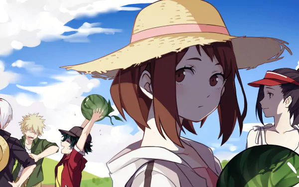 HD desktop wallpaper featuring Shoto Todoroki, Katsuki Bakugou, Izuku Midoriya, Momo Yaoyorozu, and Ochaco Uraraka from My Hero Academia, enjoying a sunny day outdoors with watermelons.