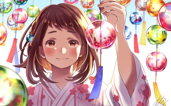 HD desktop wallpaper featuring Ochaco Uraraka from My Hero Academia in an anime-style illustration, wearing a floral kimono surrounded by colorful wind chimes.