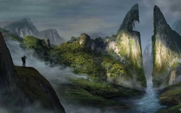 HD desktop wallpaper of a fantasy landscape featuring majestic mountains and a river, under a dramatic sky. An adventurer stands on a cliff, embracing the breathtaking scenery.