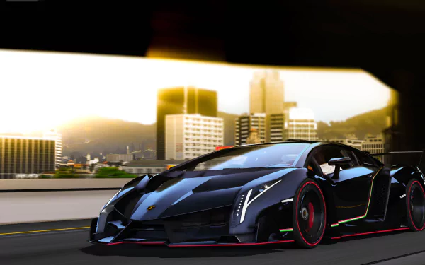 HD PC desktop wallpaper featuring a sleek Lamborghini Veneno in the video game Grand Theft Auto V set against a cityscape background.