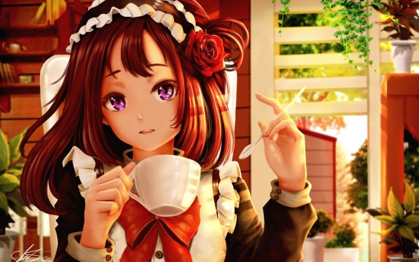 Anime Original Maid Purple Eyes Brown Hair Cup Spoon Flower bow HD Wallpaper | Background Image
