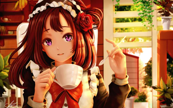 bow (Clothing) flower spoon cup brown hair purple eyes maid Anime Original HD Desktop Wallpaper | Background Image