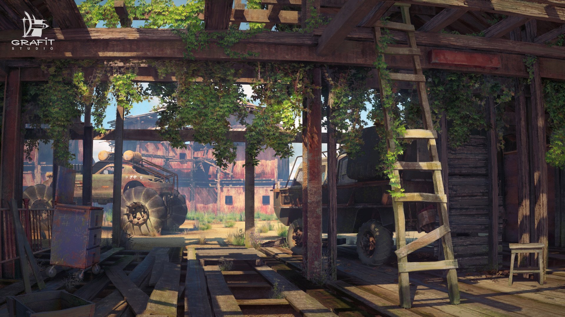 Post-apocalyptic sci-fi vehicle parked inside a decaying wooden structure overgrown with vines, captured in high-definition for a PC desktop wallpaper.