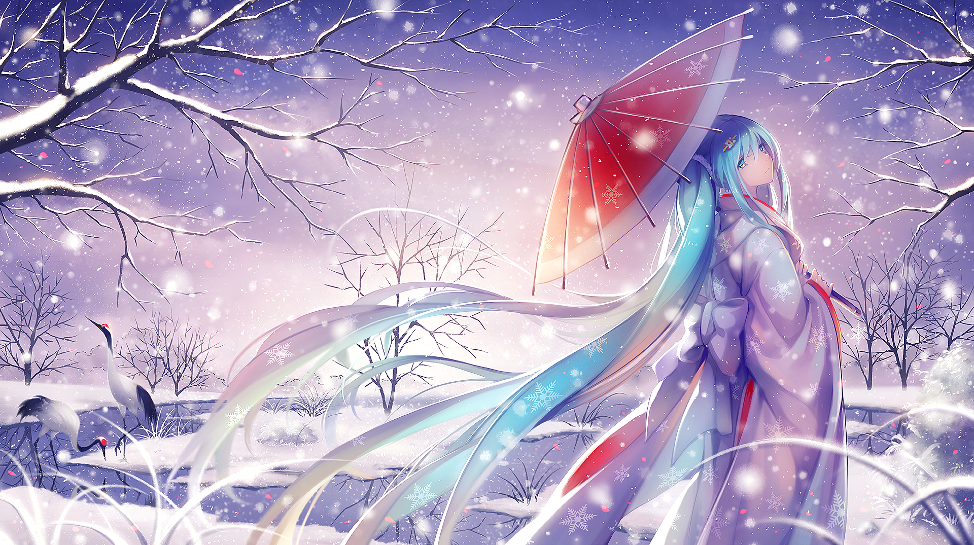 A captivating HD desktop wallpaper featuring Hatsune Miku from Vocaloid, depicted in an anime style. Miku stands gracefully in a snowy landscape, holding a red umbrella, with a serene, wintery background.