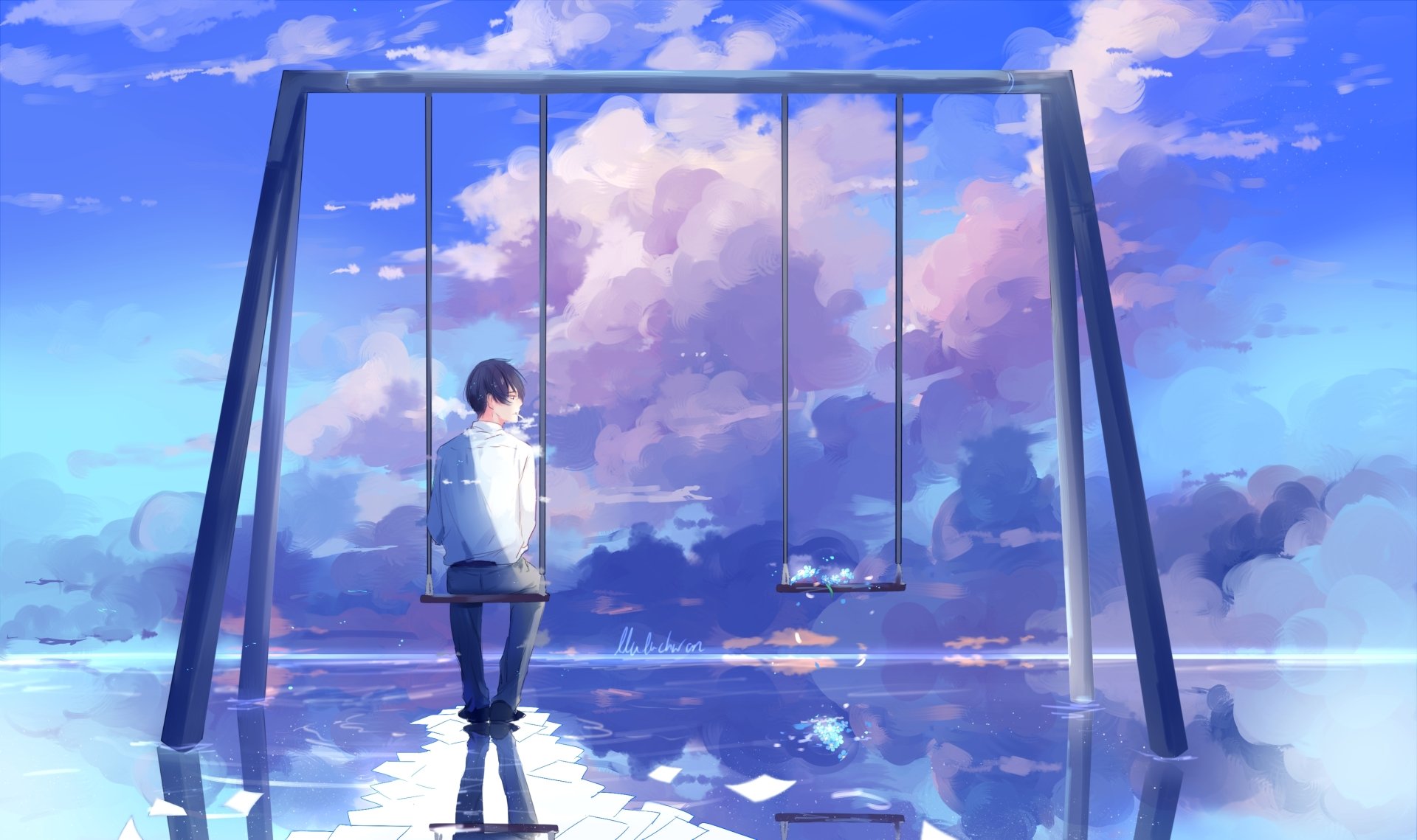 HD anime wallpaper featuring a serene scene with a lone person on a swing surrounded by scenic clouds and their reflection in water. The image captures a whimsical, reflective atmosphere.