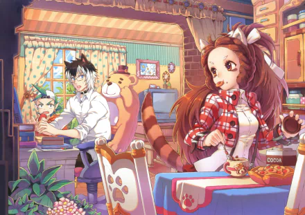 Anime-style HD desktop wallpaper featuring a cozy room with a girl wearing a bow and plaid shirt, a boy with glasses, a TV, books, and colorful braided hair in a lively setting.