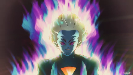 Grand Priest (Dragon Ball Super) anime 5K Ultra HD PC desktop wallpaper showing the Grand Priest enveloped in a vivid multicolored aura against a dark background.