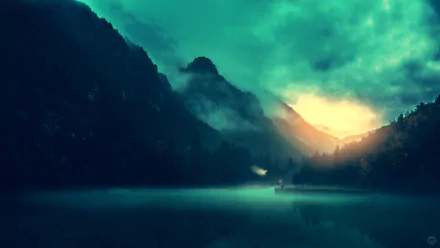 Artistic HD desktop wallpaper featuring a foggy mountain landscape with teal and orange tones, creating a moody and serene atmosphere.
