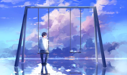 HD anime wallpaper featuring a serene scene with a lone person on a swing surrounded by scenic clouds and their reflection in water. The image captures a whimsical, reflective atmosphere.