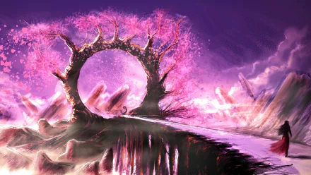 HD desktop wallpaper showcasing a fantasy landscape with a large, circular pink tree at the center. The background features a mystical, purple sky and a lone figure walking towards the tree.