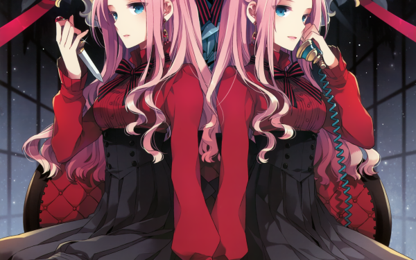 Anime Original Pink Hair Long Hair Phone Knife Flower Smile bow Twins Blue Eyes HD Wallpaper | Background Image