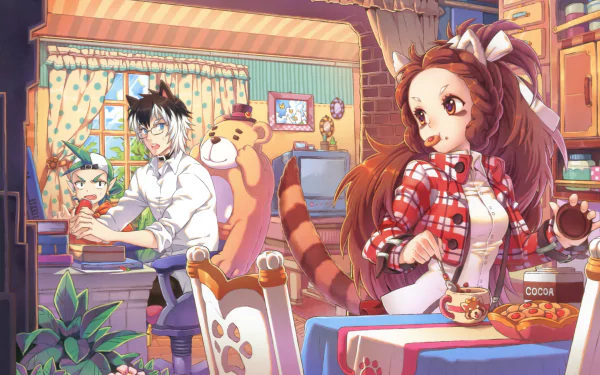 Anime-style HD desktop wallpaper featuring a cozy room with a girl wearing a bow and plaid shirt, a boy with glasses, a TV, books, and colorful braided hair in a lively setting.