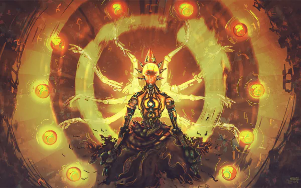 HD wallpaper featuring Zenyatta from Overwatch, meditating with glowing orbs surrounding him in an orange and green abstract background.