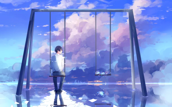 HD anime wallpaper featuring a serene scene with a lone person on a swing surrounded by scenic clouds and their reflection in water. The image captures a whimsical, reflective atmosphere.