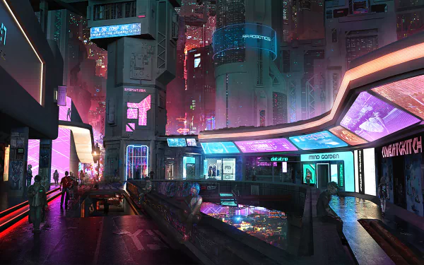 HD PC desktop wallpaper showcasing a vibrant cyberpunk cityscape with neon lights and futuristic sci-fi architecture in a bustling urban environment.