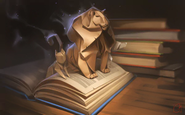 HD desktop wallpaper featuring a fantasy scene with an origami lion and cat standing on an open book, surrounded by stacked books.