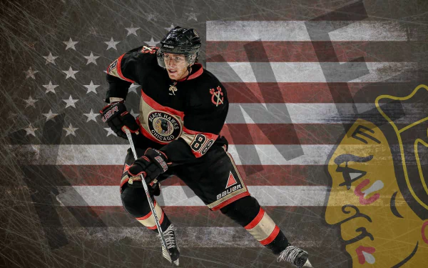 HD desktop wallpaper featuring a hockey player in action with an American flag and team emblem in the background.