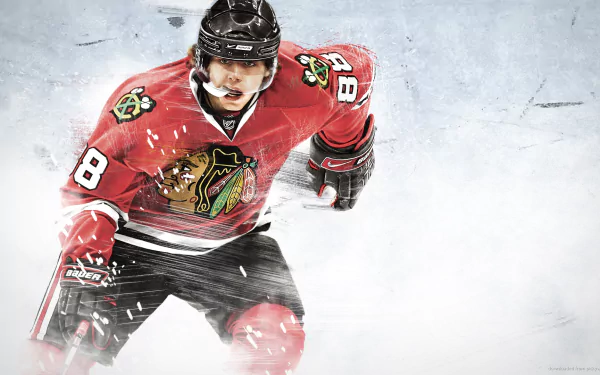 HD desktop wallpaper featuring a hockey player in a Chicago Blackhawks jersey, set against a stylized icy background.