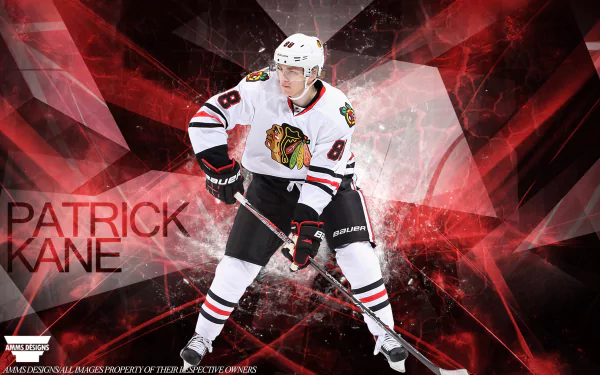 HD wallpaper featuring a dynamic graphic of a hockey player with the text Patrick Kane against a stylized red and black background.