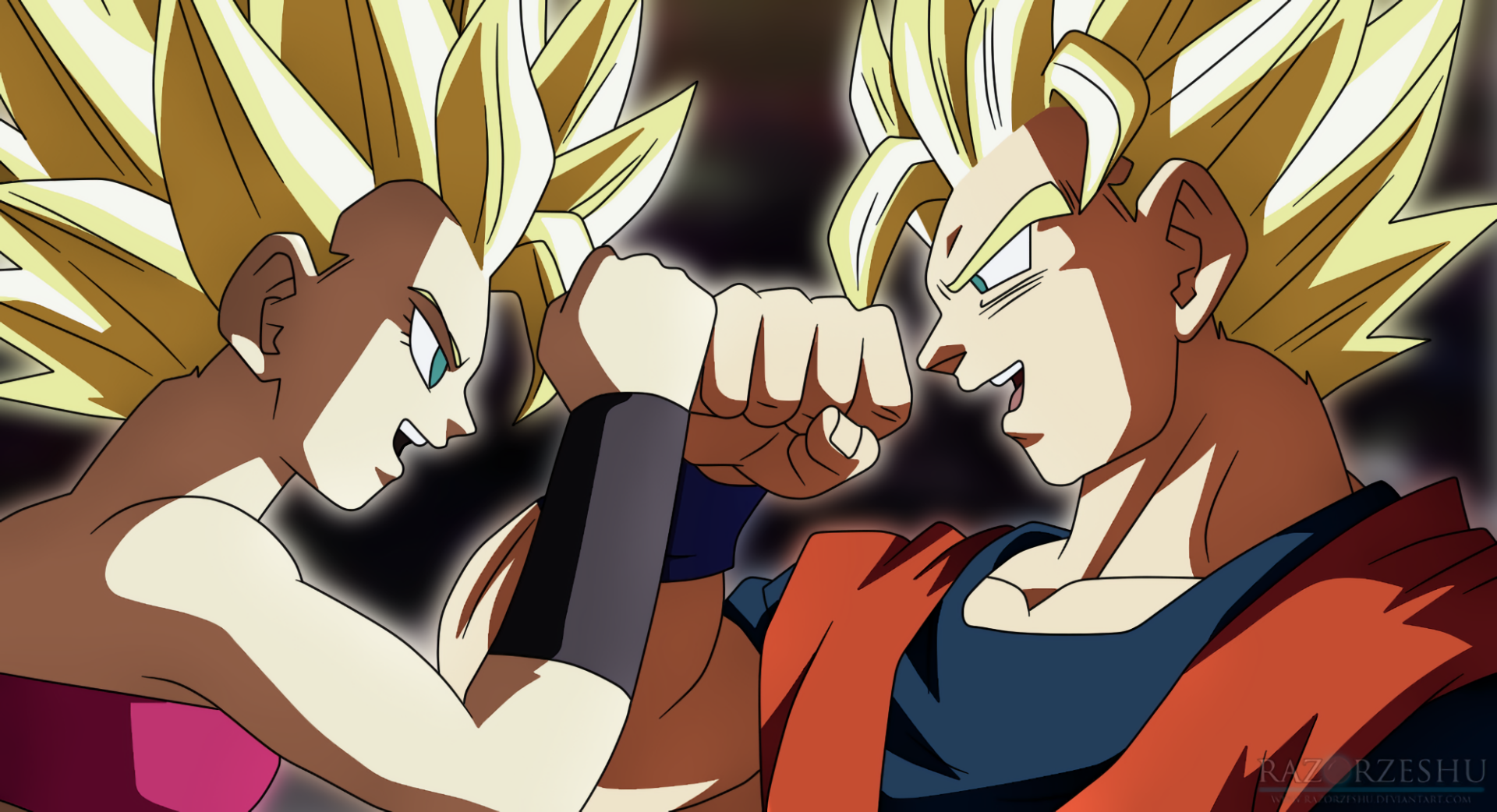 HD desktop wallpaper featuring Caulifla and Goku from Dragon Ball Super, showcasing their intense standoff, both in Super Saiyan form.