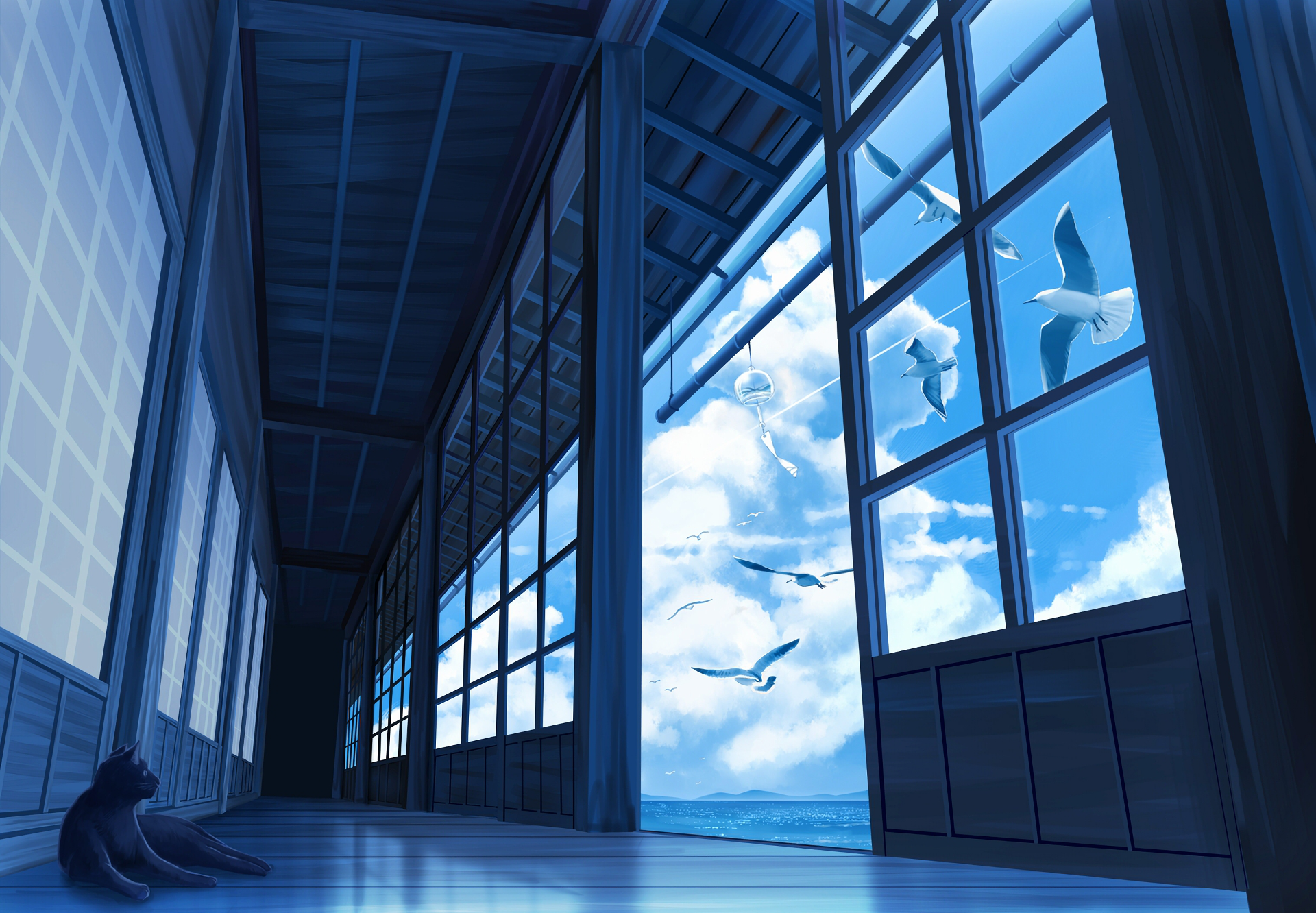 HD anime desktop wallpaper featuring an original anime cat sitting inside a building, gazing at birds flying outside through large glass windows under a bright blue sky.