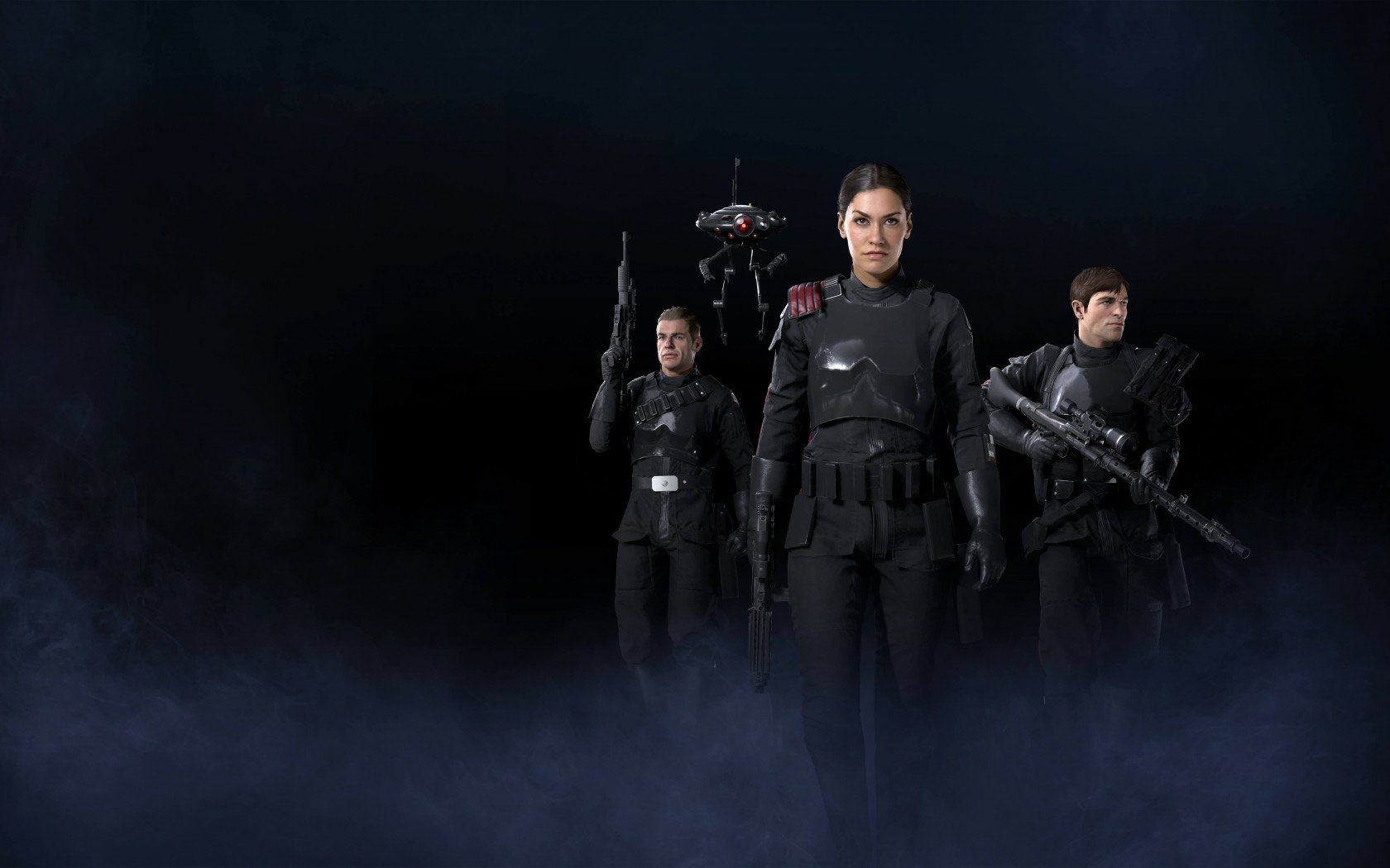HD PC desktop wallpaper from the video game Star Wars Battlefront II (2017), featuring three armed characters in dark tactical gear emerging through fog.