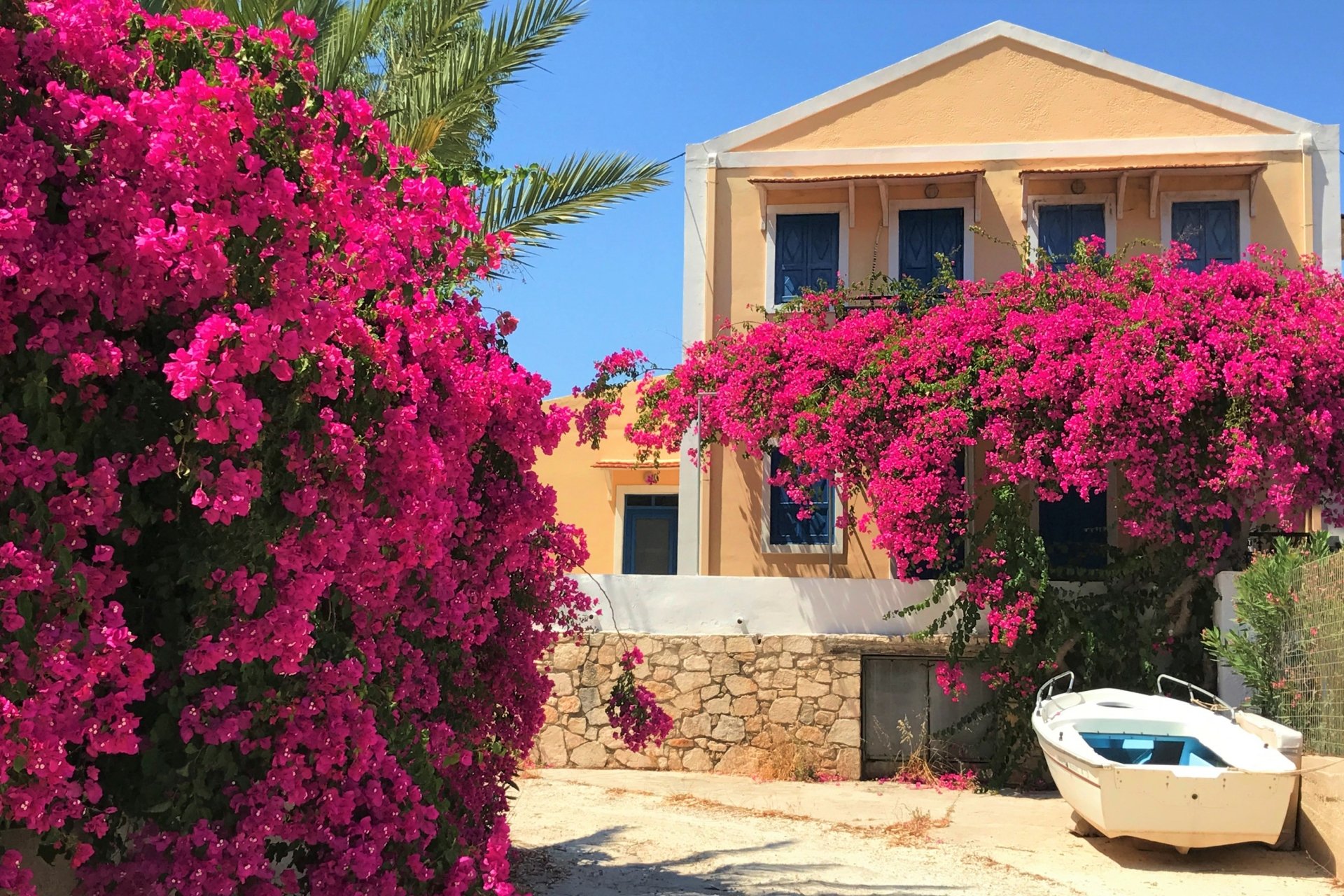 Download Boat Purple Flower Bougainvillea Flower Greece Man Made House