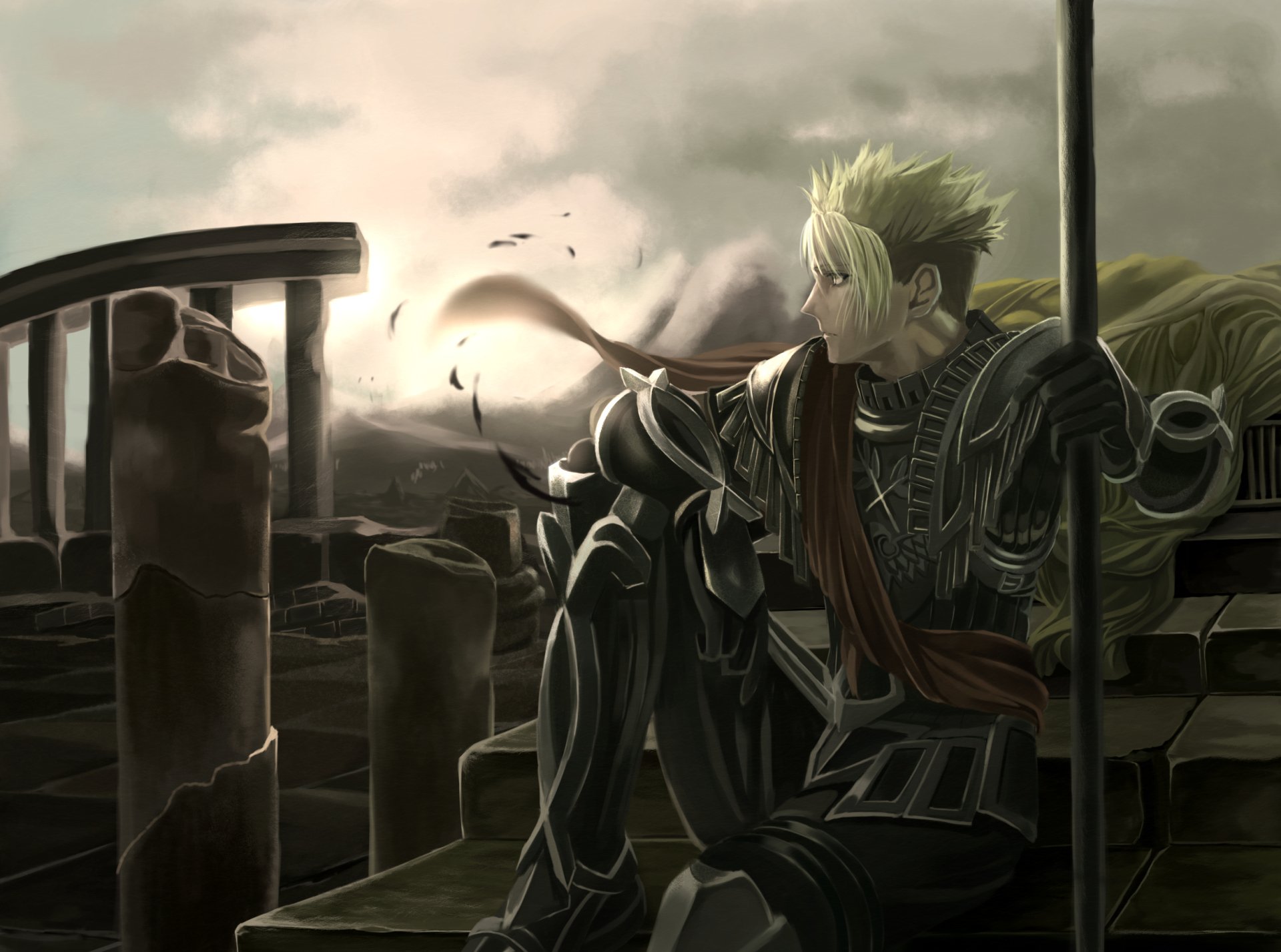 HD wallpaper depicting Rider of Red from Fate/Apocrypha, set against a dramatic, ancient ruins backdrop with a somber sky.